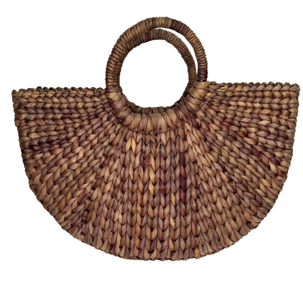 Xhilaration Handwoven Half-Moon Straw Bag Circular Handles Tropical‎ Vacation